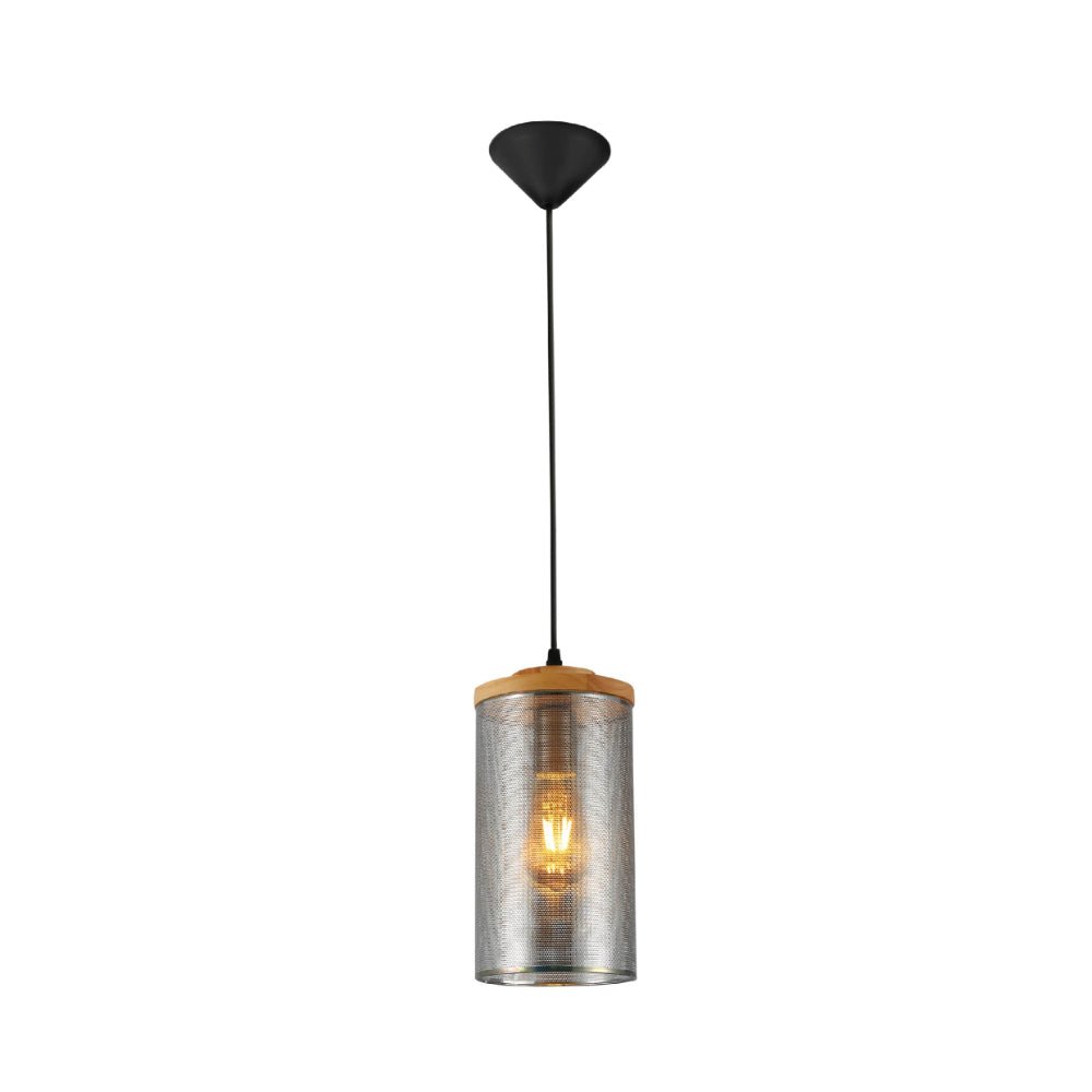Main image of Sieve Chrome Cylinder Metal with Wood Lid Pendant Ceiling Light D145 E27 Fitting  | TEKLED 158-19788