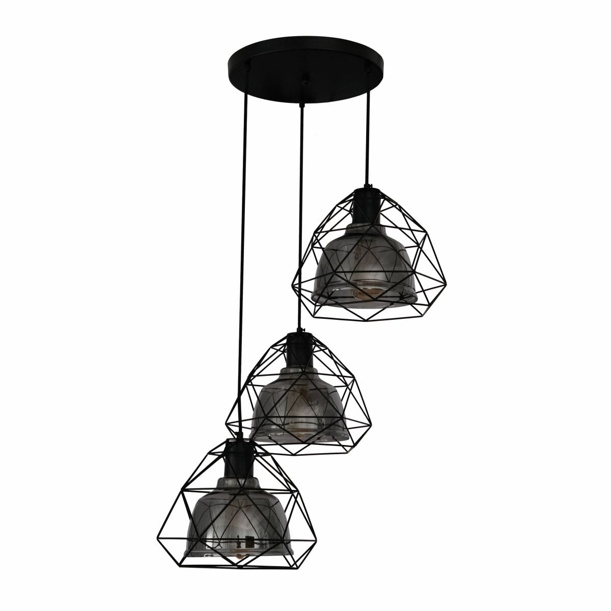 Main image of Smoky Glass Dome Black Metal Cage Pendant Light with 3xE27 Fitting | TEKLED 156-19482
