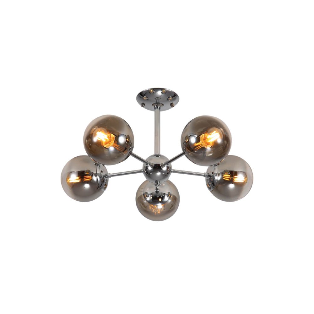 Main image of Smoky Globe Glass Chrome Metal Body Sputnik Molecule Modern Ceiling Light with 5xE27 Fittings | TEKLED 159-17686