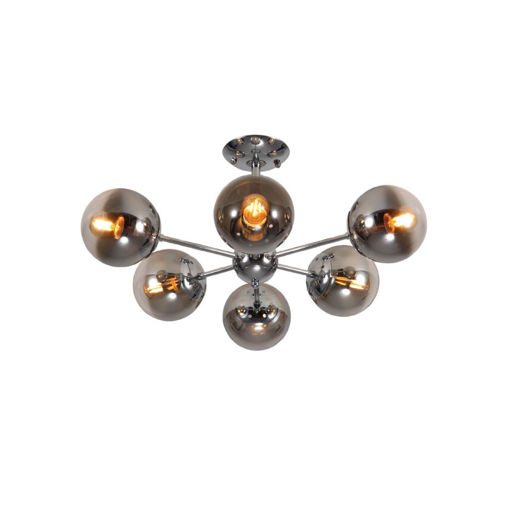Main image of Smoky Globe Glass Chrome Metal Body Sputnik Molecule Modern Ceiling Light with 6xE27 Fittings | TEKLED 159-17688