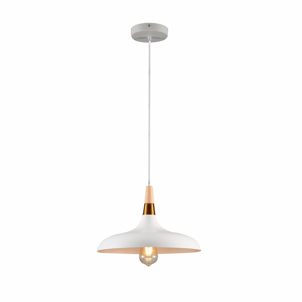 Main image of White Flat Dome Wood Gold Top Metal Ceiling Pendant Light with E27 Fitting | TEKLED 150-18378