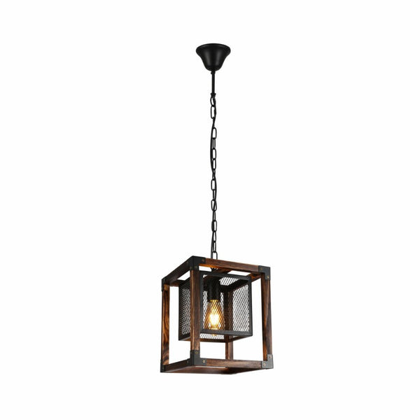 Wood Cube Black Cage Lantern Rustic Pendant Ceiling Light E27 TEKLED