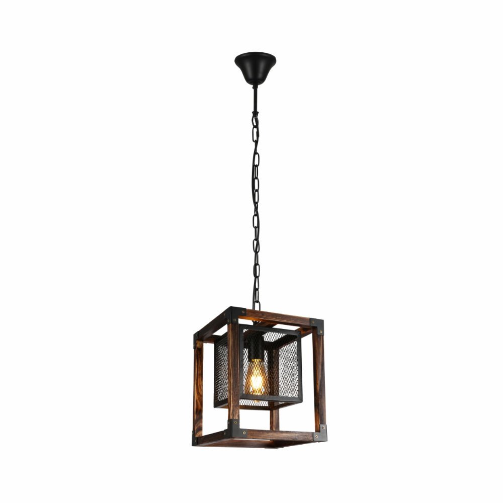 Main image of Wood Cube Black Cage Lantern Rustic Pendant Ceiling Light with E27 Fitting | TEKLED 156-19528