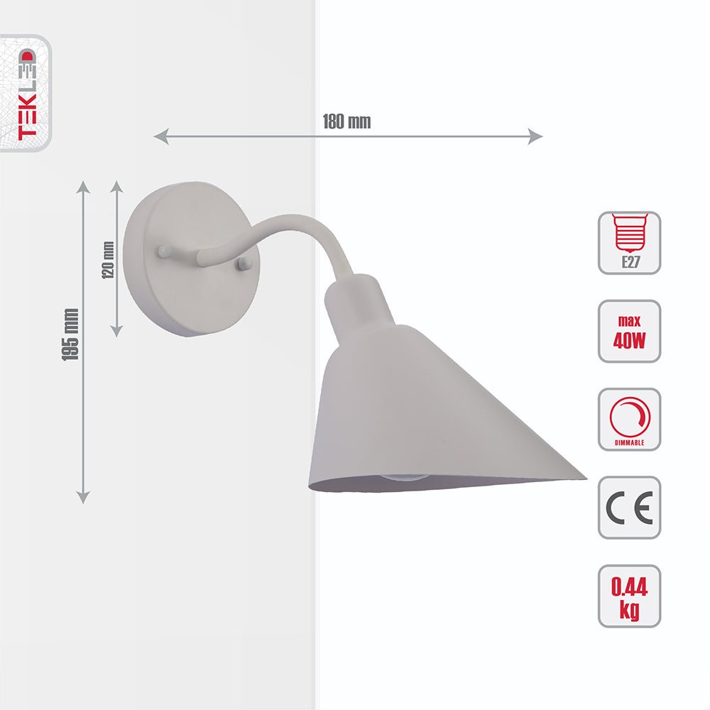 Tehcnical specifications and dimensions of Matte White Cone Wall Light with E27 Fitting