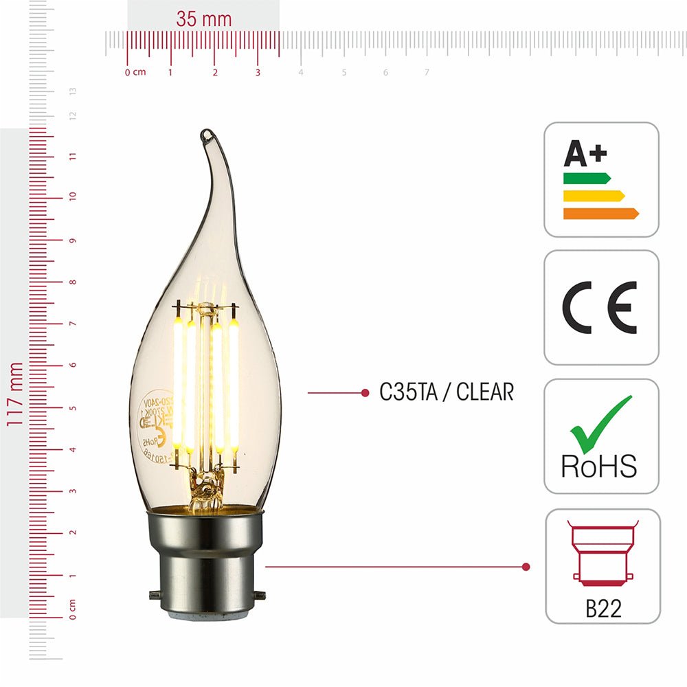 Visual representation of product measurement and certification of led filament bulb candle c35 tail b22 bayonet cap 4w 400lm warm white 2700k clear pack of 6/10