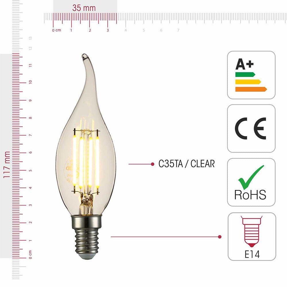Visual representation of product measurement and certification of led filament bulb candle c35 tail e14 small edison screw 4w 400lm warm white 2700k clear pack of 6/10 583-150146 583-1501510