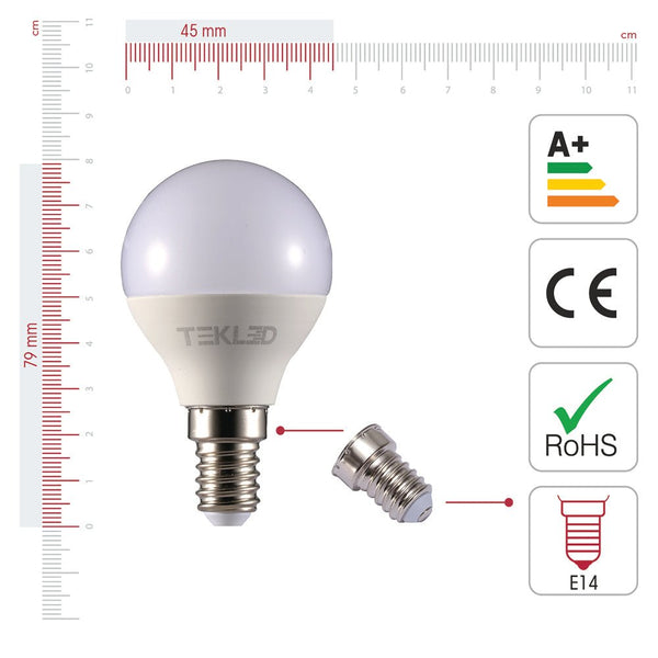 Visual representation of product measurement and certification of canes led golf ball bulb p45 e14 small edison screw 6w 4000k cool white pack of 6/10