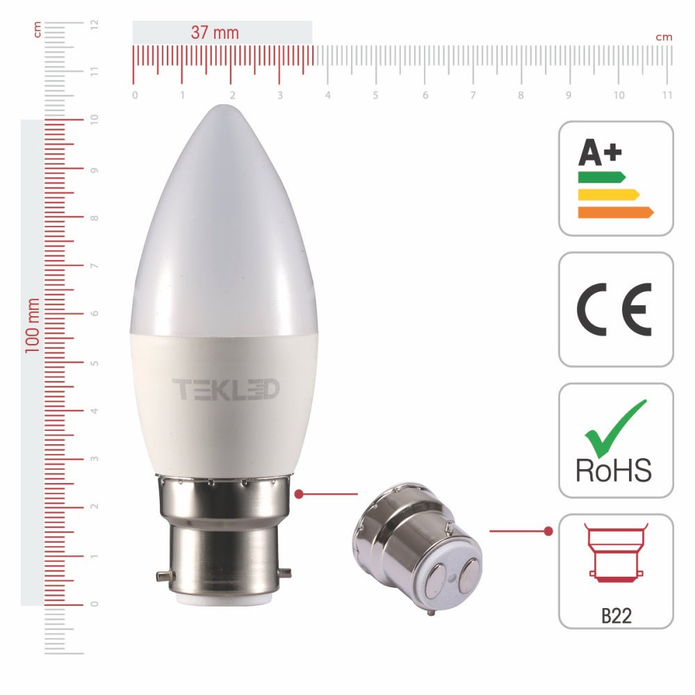 Visual representation of product measurement and certification of cetus led candle bulb c37 b22 bayonet cap 6w 6000k cool daylight pack of 6/10