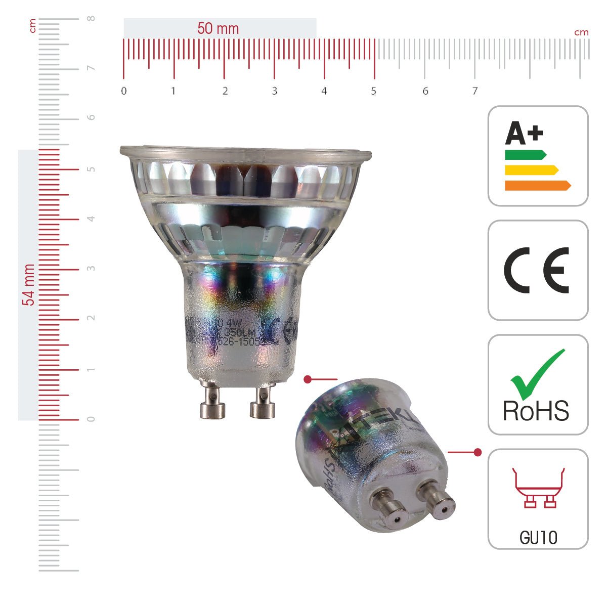 Visual representation of product measurement and certification of crux led spot bulb mr16 gu10 4w 3000k warm white pack of 6/10