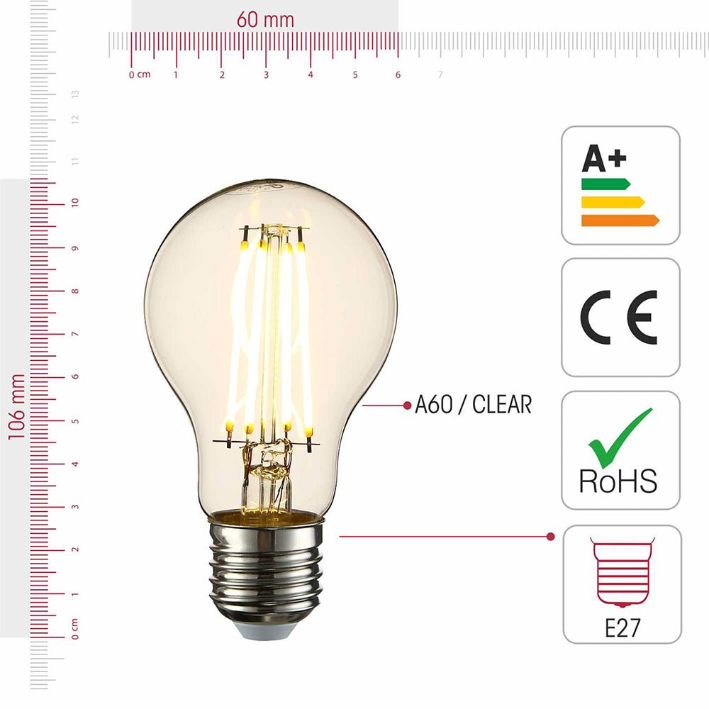 Visual representation of product measurement and certification of led dimmable filament gls bulb a60 e27 bayonet cap 6w 600lm warm white 2700k clear pack of 2