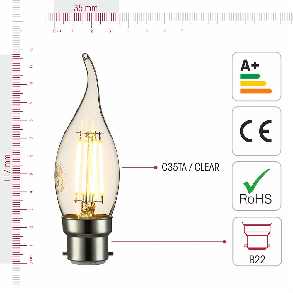Visual representation of product measurement and certification of led dimmable filament bulb candle c35 tail b22 bayonet cap 4w 400lm warm white 2700k clear pack of 4