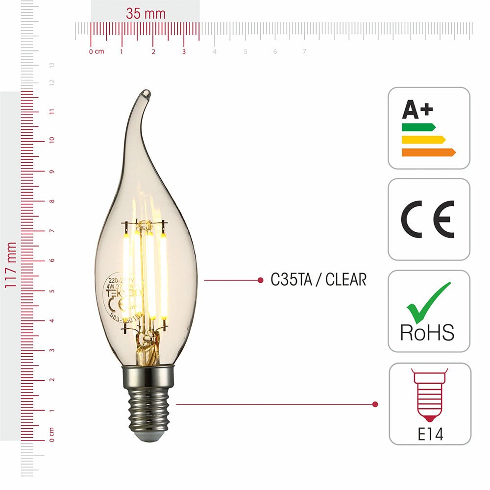 Visual representation of product measurement and certification of led dimmable filament bulb candle c35 tail e14 small edison screw 4w 400lm warm white 2700k clear pack of 2