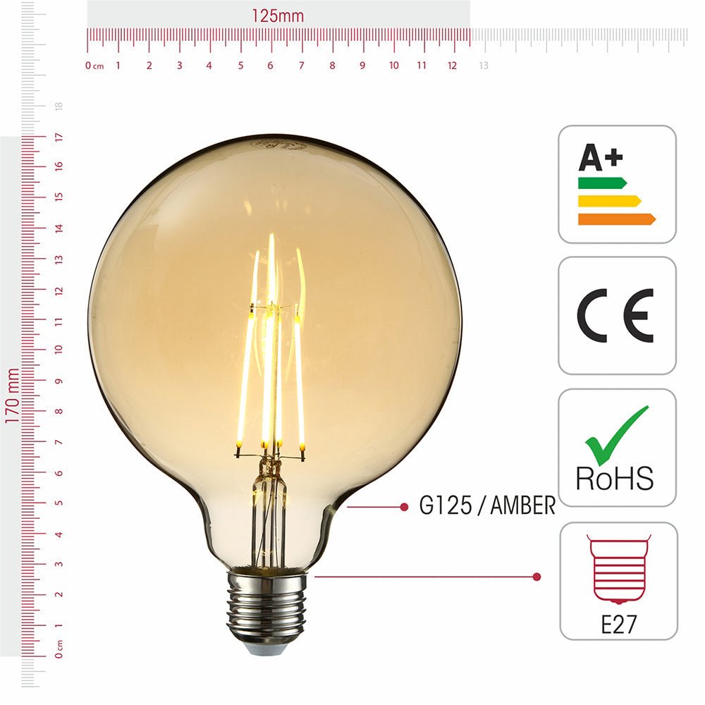 Visual representation of product measurement and certification of led dimmable filament bulb globe g125 e27 edison screw 6w 600lm warm white 2500k amber pack of 2
