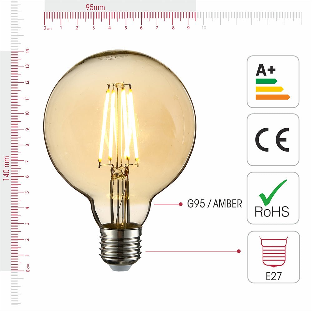 Visual representation of product measurement and certification of led dimmable filament bulb globe g95 e27 edison screw 6w 600lm warm white 2500k amber pack of 2