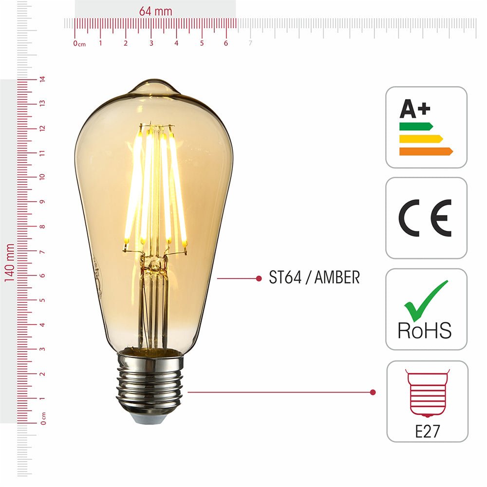 Visual representation of product measurement and certification of led dimmable filament bulb edison st64 e27 edison screw 6w 600lm warm white 2500k amber pack of 2