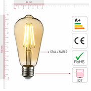 Visual representation of product measurement and certification of led dimmable filament bulb edison st64 e27 edison screw 6w 600lm warm white 2500k amber pack of 2