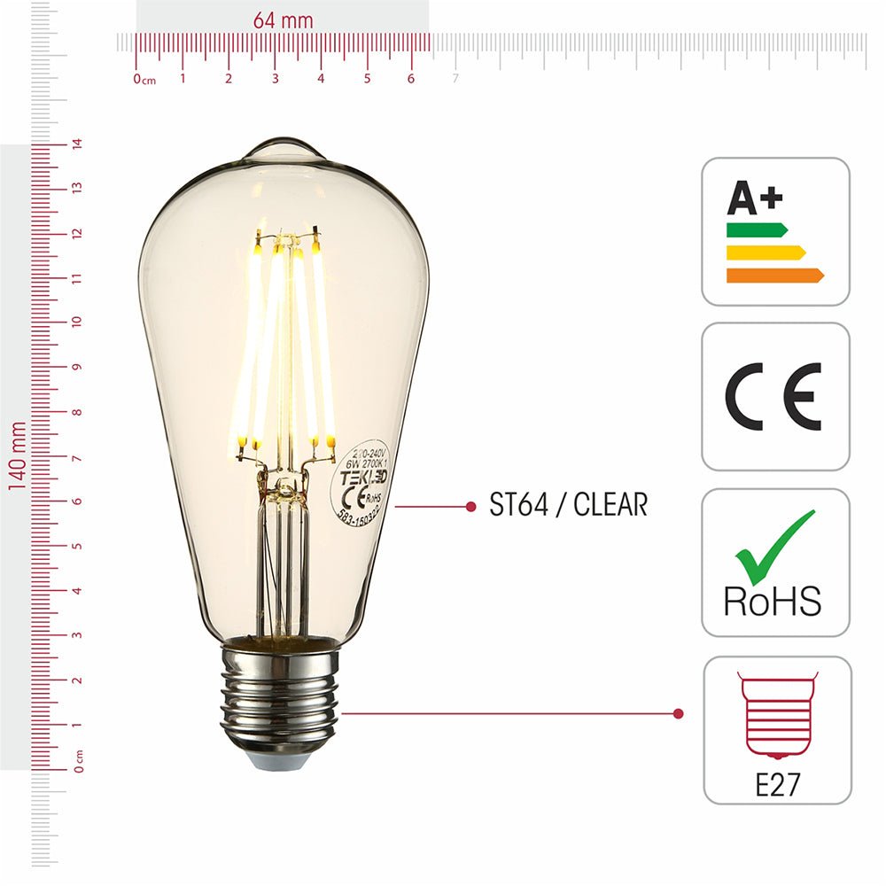 Visual representation of product measurement and certification of led dimmable filament bulb edison st64 e27 edison screw 6w 600lm warm white 2700k clear pack of 2