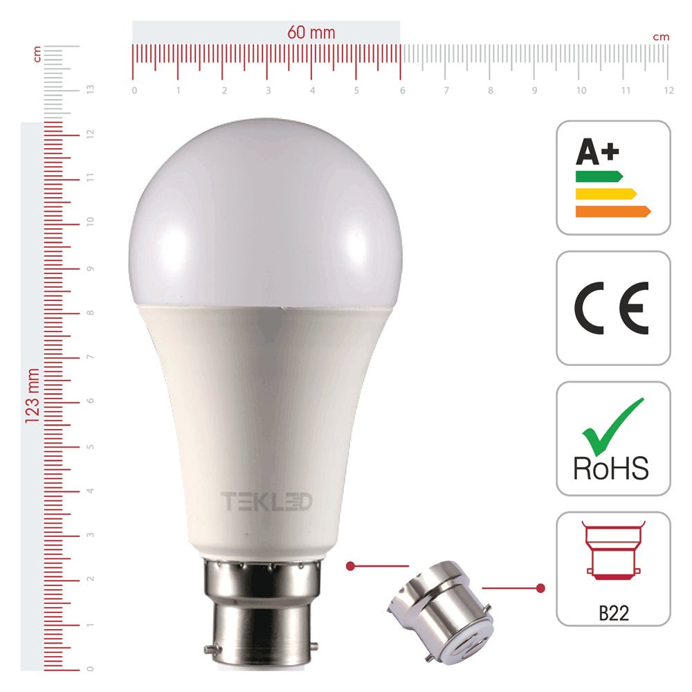 Visual representation of product measurement and certification of fornax led gls bulb a65 b22 bayonet cap 15w 4000k cool white pack of 6/10 2700k warm white