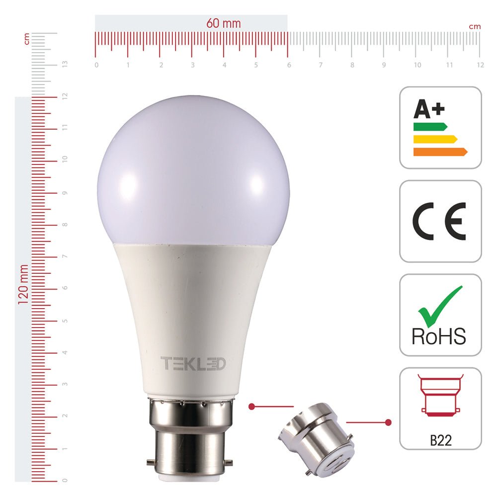 Visual representation of product measurement and certification of leo led gls bulb a60 b22 bayonet cap 12w 4000k cool white pack of 6/10 2700k warm white