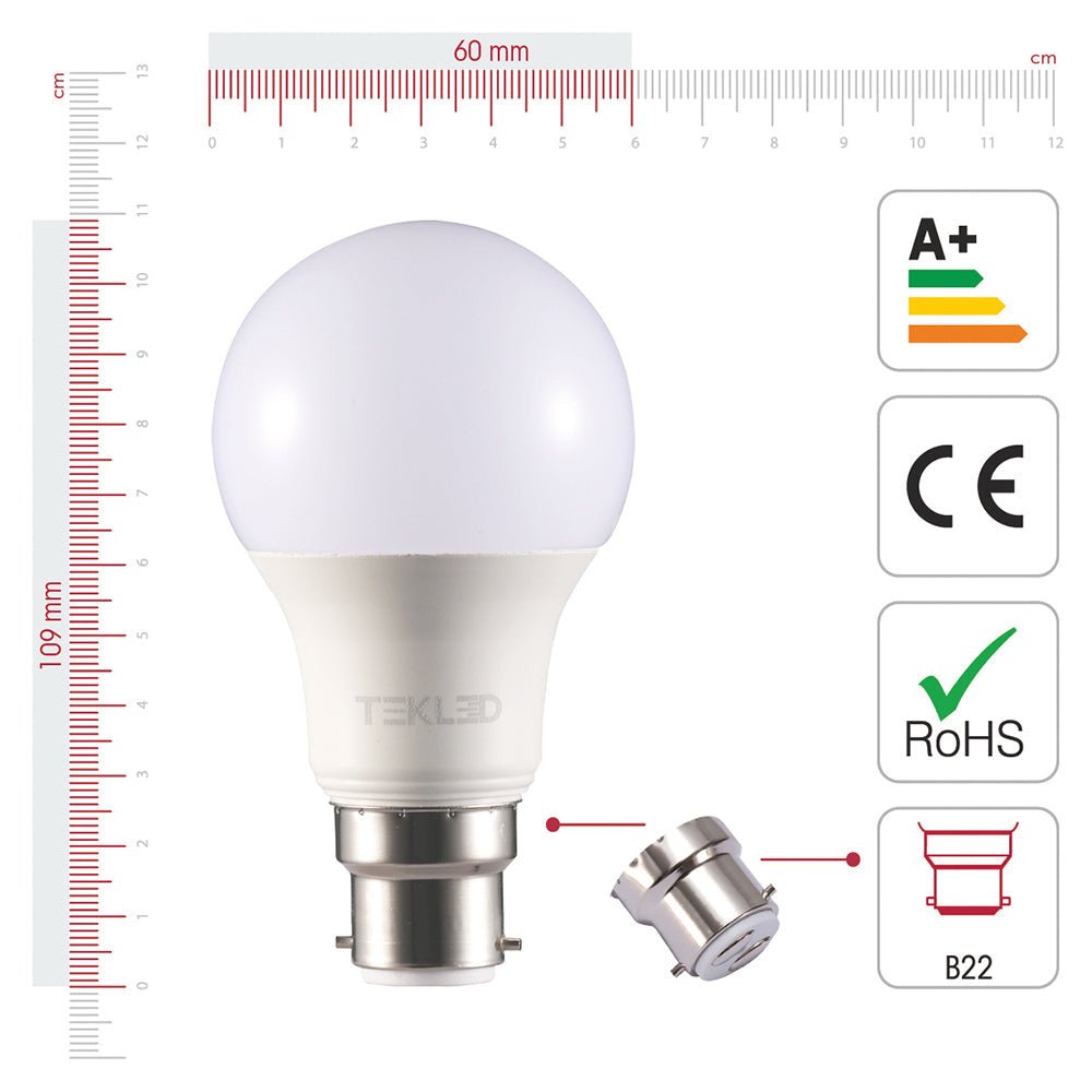 Visual representation of product measurement and certification of leo led gls bulb a60 b22 bayonet cap 7w 4000k cool white pack of 6/10 2700k warm white
