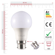 Visual representation of product measurement and certification of leo led gls bulb a60 b22 bayonet cap 7w 4000k cool white pack of 6/10 2700k warm white