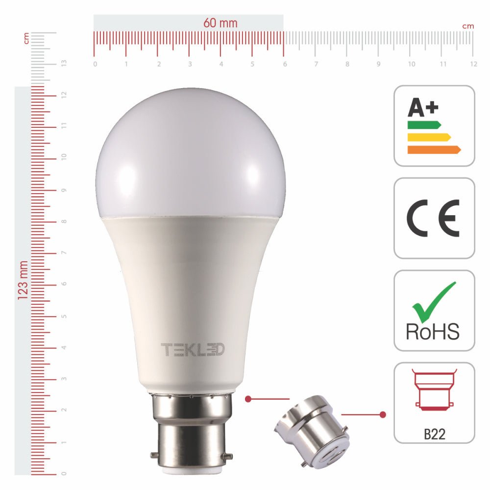 Visual representation of product measurement and certification of leo led gls bulb a60 dimmable b22 bayonet cap 12w 4000k cool white pack of 2