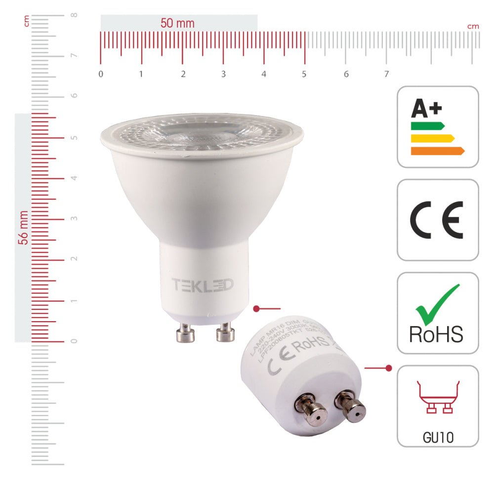 Visual representation of product measurement and certification of lepus led spot bulb mr16 dimmable gu10 7w 3000k warm white pack of 6