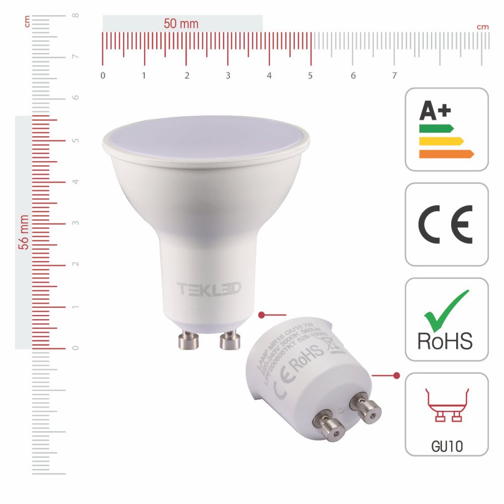 Visual representation of product measurement and certification of lepus led spot bulb mr16 gu10 7w 3000k warm white pack of 6/10