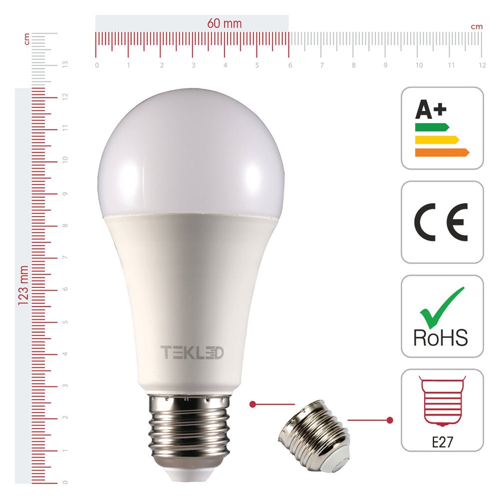 Visual representation of product measurement and certification of libra led gls bulb a65 e27 edison screw 15w 2700k warm white pack of 6/10