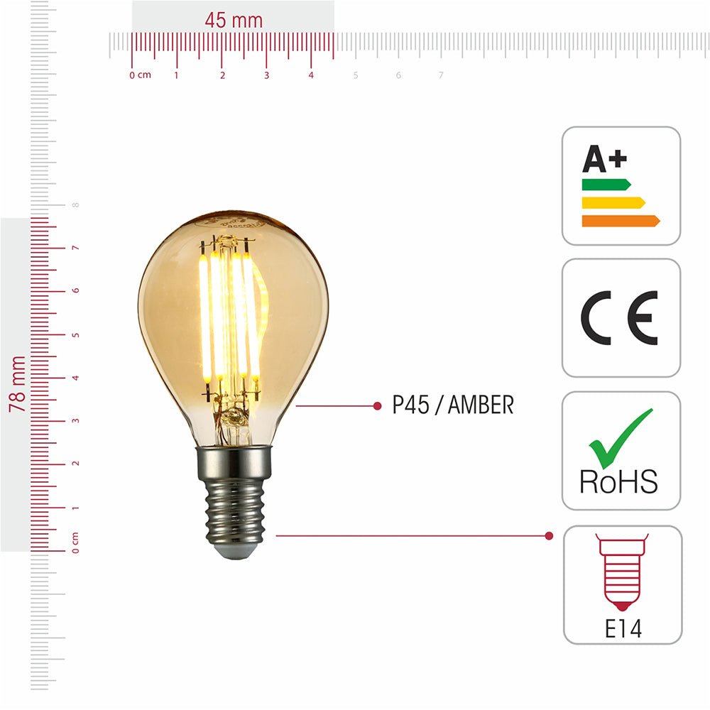 Visual representation of product measurement and certification of led filament bulb golf ball p45 e14 small edison screw 4w 400lm warm white 2500k amber pack of 6