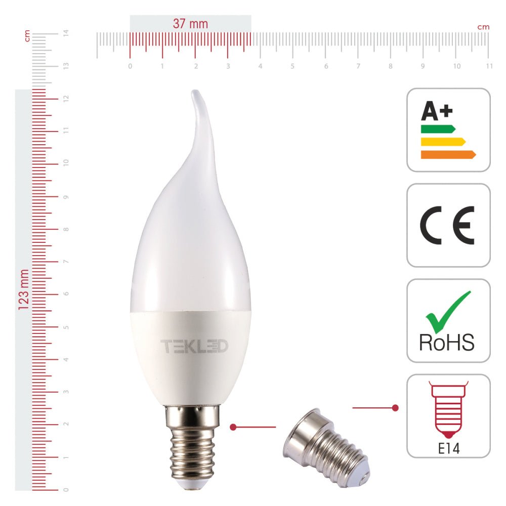 Visual representation of product measurement and certification of pisces led candle bulb c37 tail e14 small edison screw 6w 6000k cool daylight pack of 6/10