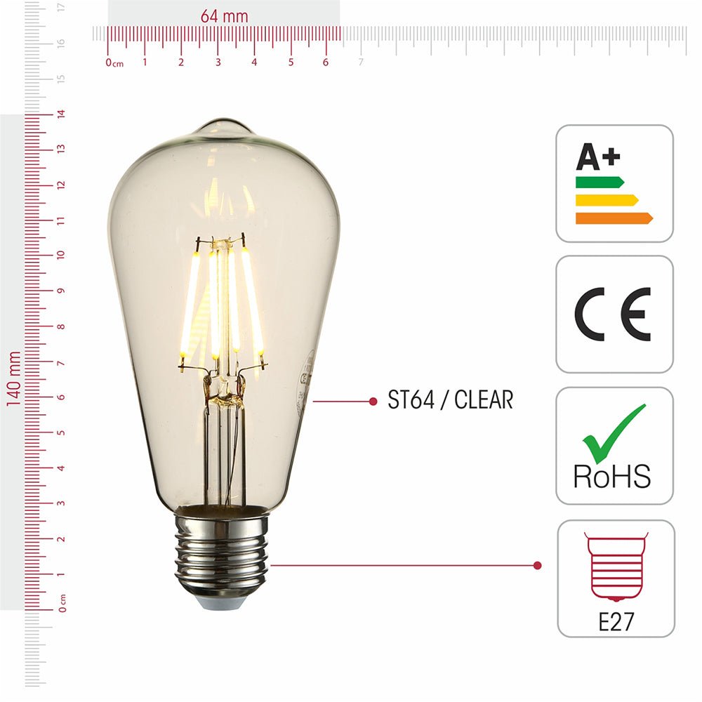 Visual representation of product measurement and certification of led filament bulb edison st64 e27 edison screw 4w 400lm warm white 2700k clear pack of 6