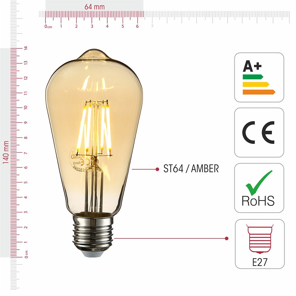 Visual representation of product measurement and certification of led filament bulb edison st64 e27 edison screw 4w 400lm warm white 2500k amber pack of 6