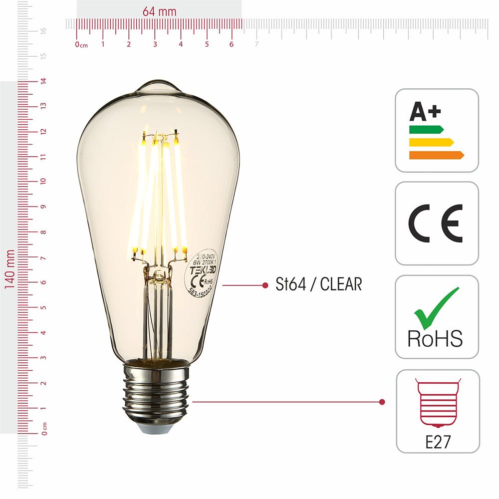 Visual representation of product measurement and certification of led filament bulb edison st64 e27 edison screw 6w 600lm warm white 2700k clear pack of 6