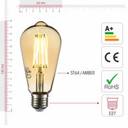 Visual representation of product measurement and certification of led filament bulb edison st64 e27 edison screw 6w 600lm warm white 2500k amber pack of 6