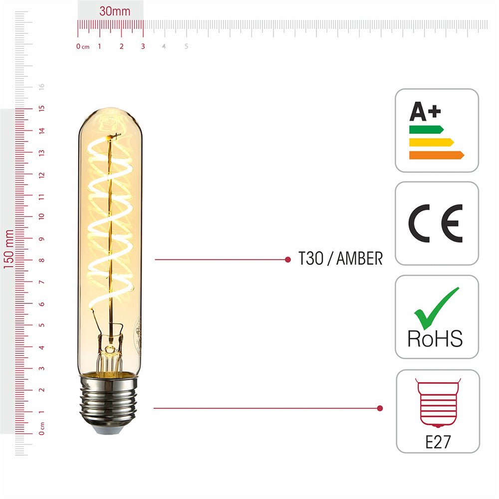 Visual representation of product measurement and certification of led filament bulb tubular t30 e27 edison screw 4w 230lm warm white 2500k amber 150mm pack of 4