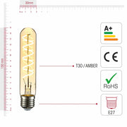 Visual representation of product measurement and certification of led filament bulb tubular t30 e27 edison screw 4w 230lm warm white 2500k amber 150mm pack of 4