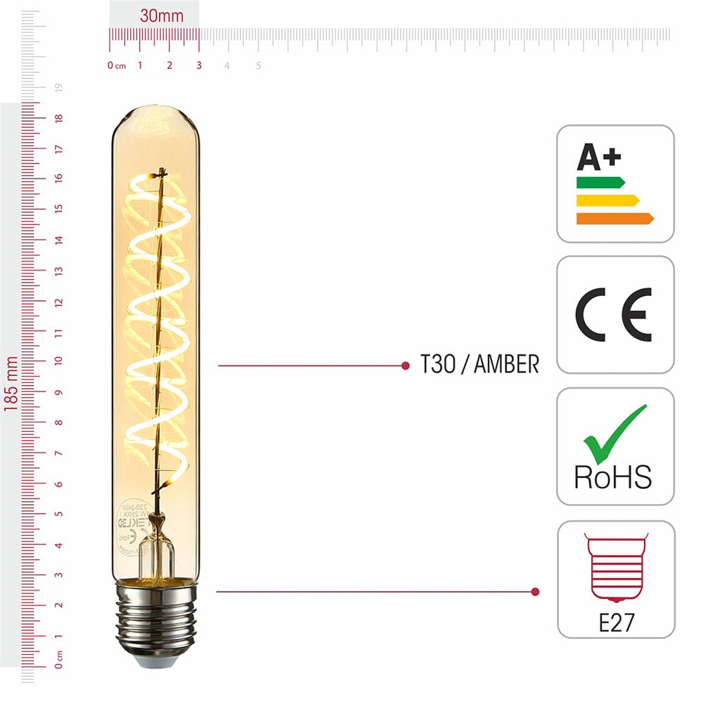 Visual representation of product measurement and certification of led filament bulb tubular t30 e27 edison screw 4w 230lm warm white 2500k amber 185mm pack of 4