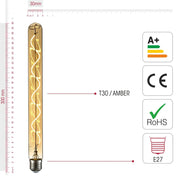 Visual representation of product measurement and certification of led filament bulb tubular t30 e27 edison screw 4w 230lm warm white 2500k amber 300mm pack of 4