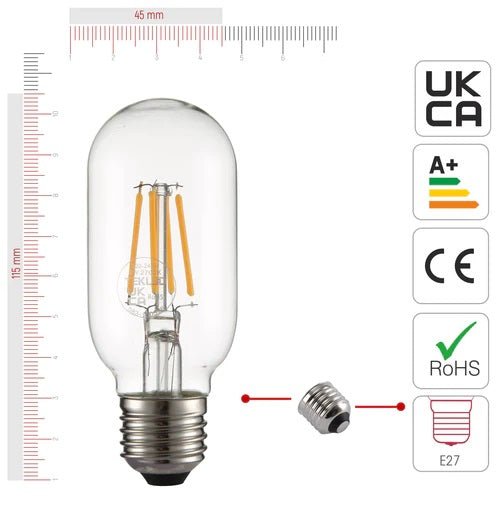 Visual representation of product measurement and certification of led filament bulb tubular t45 e27 edison screw 4w 400lm warm white 2700k clear pack of 4
