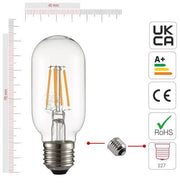 Visual representation of product measurement and certification of led filament bulb tubular t45 e27 edison screw 4w 400lm warm white 2700k clear pack of 4