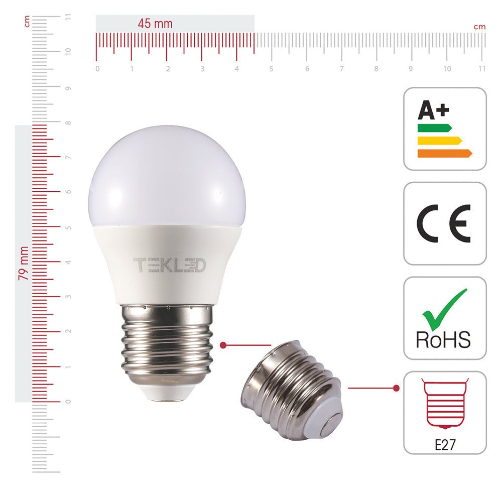 Visual representation of product measurement and certification of ursa led golf ball bulb g45 e27 edison screw 5w 4000k cool white pack of 6/10 2700k warm white