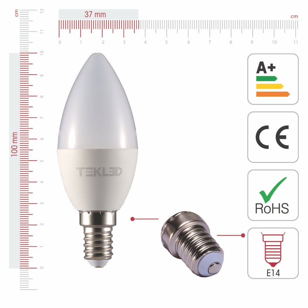 Visual representation of product measurement and certification of vela led candle bulb c37 e14 small edison screw 5w 6500k cool daylight pack of 6/10