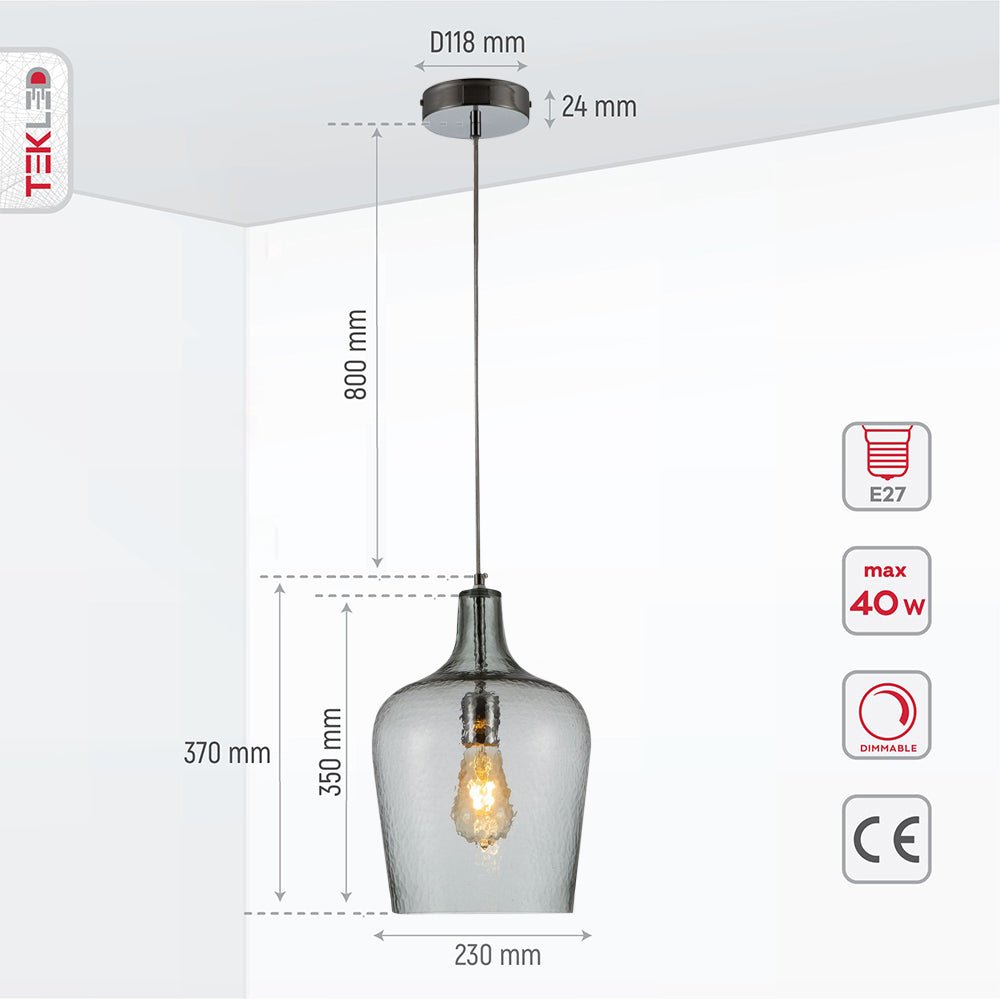 Product dimensions of clear frosted glass schoolhouse pendant light l with e27 fitting