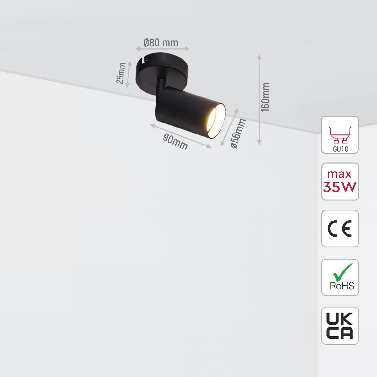 Size and specs of 1 Way Cylinder Spotlight with GU10 Fitting Black | TEKLED 172-03048