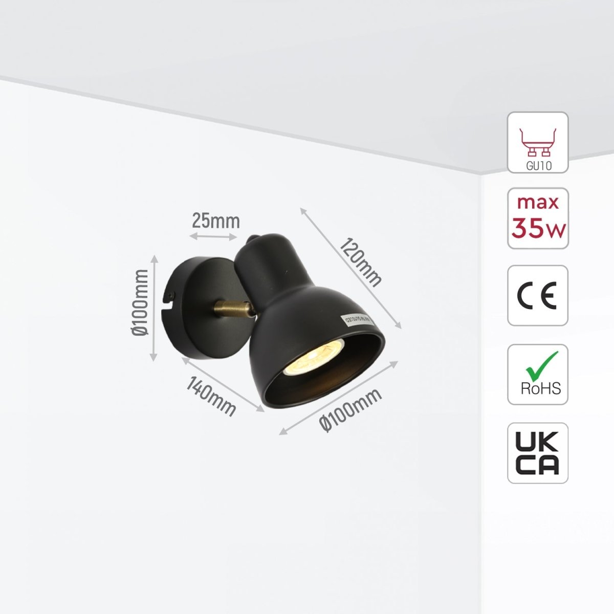 Size and specs of 1 Way Hektor Spotlight with GU10 Fitting Antique Brass Black | TEKLED 172-03126