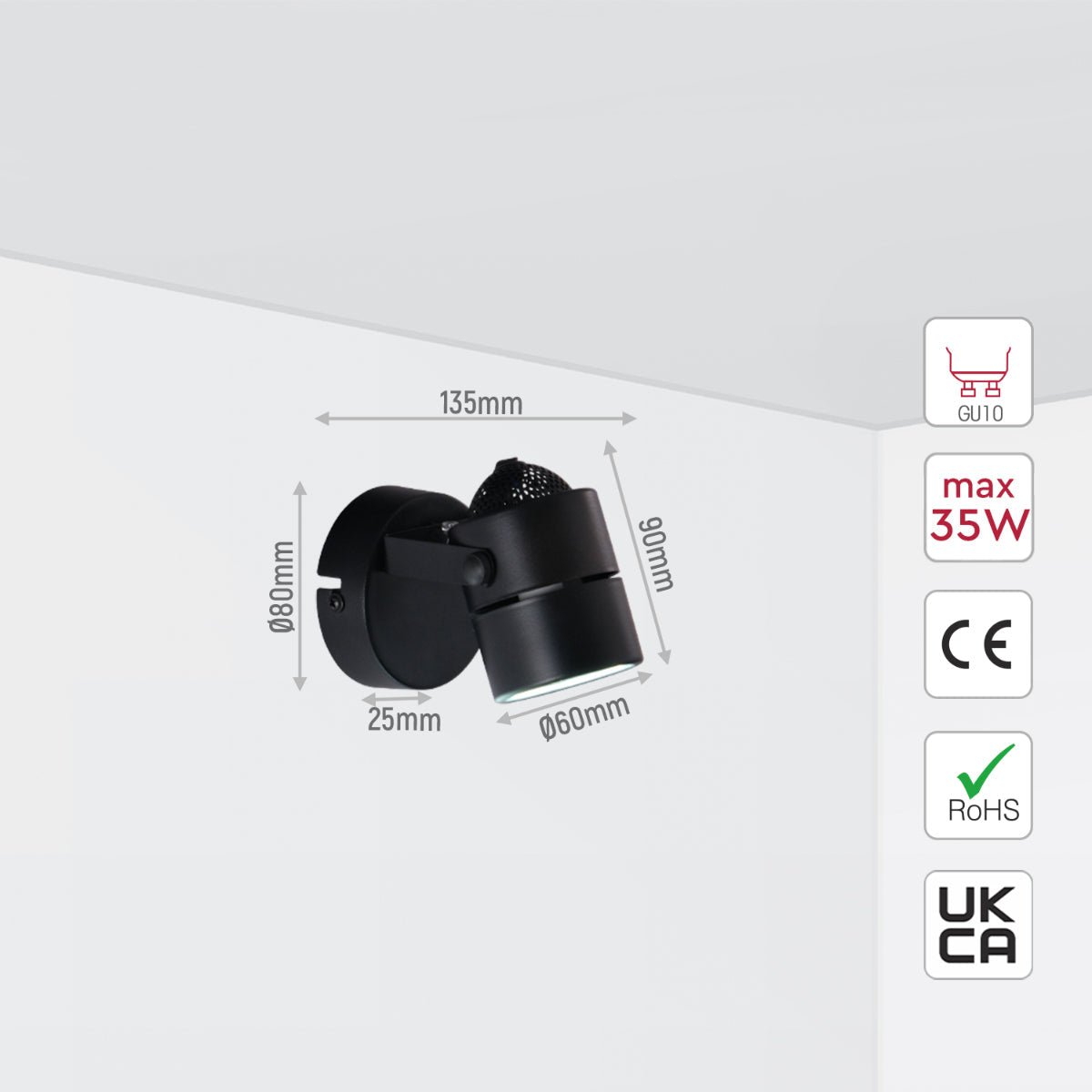 Size and specs of 1 Way Mane Spotlight with GU10 Fitting Black | TEKLED 172-03072