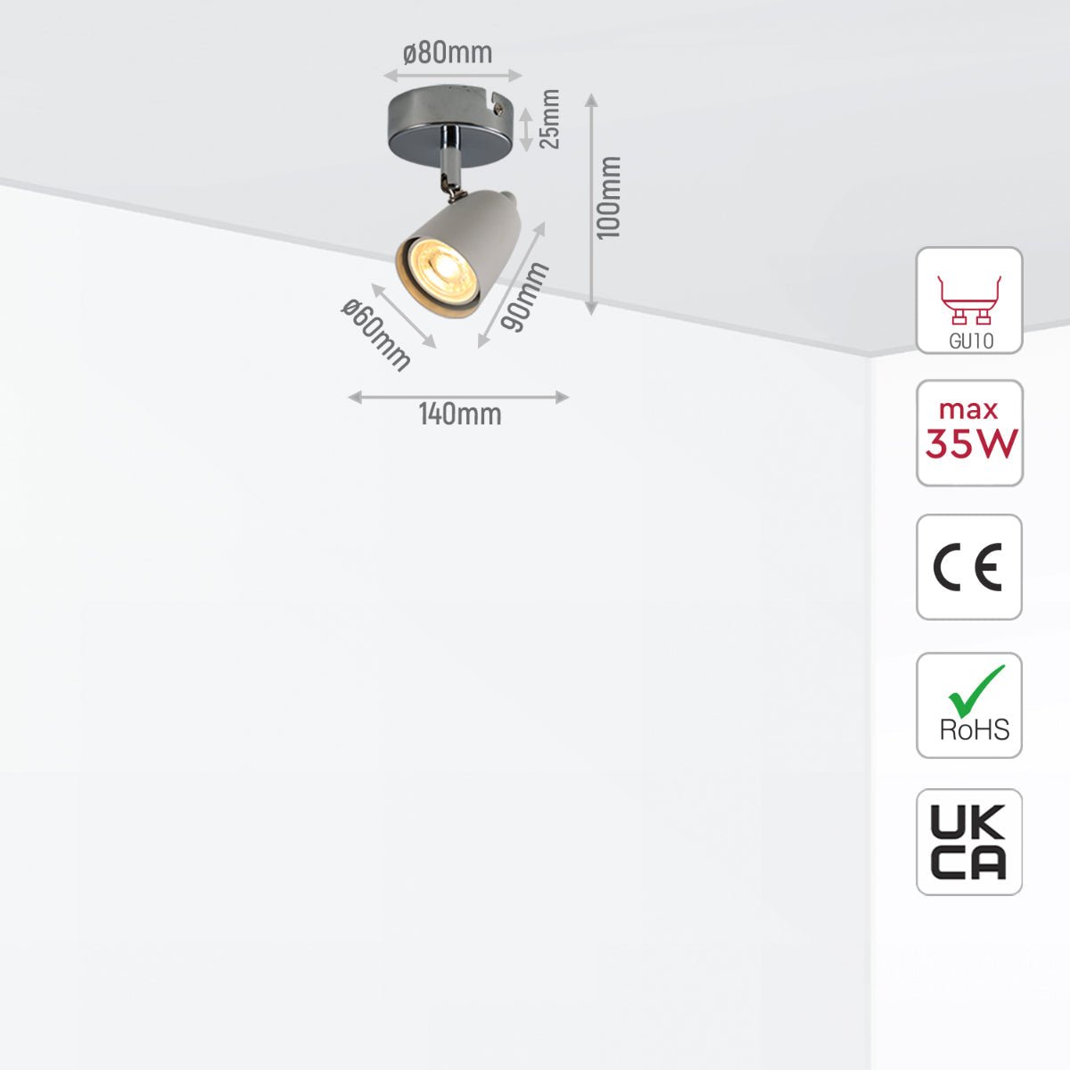 Size and specs of 1 Way Skurupp Spotlight with GU10 Fitting Chrome White | TEKLED 172-03096