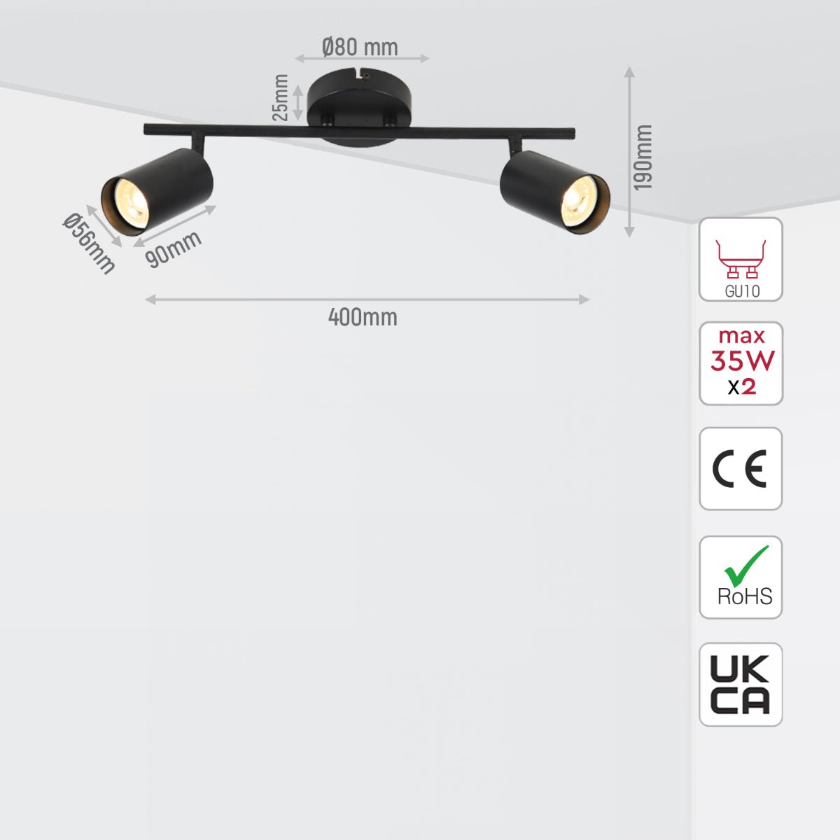 Size and specs of 2 Way Cylinder Rod Spotlight with GU10 Fitting Black | TEKLED 172-03050