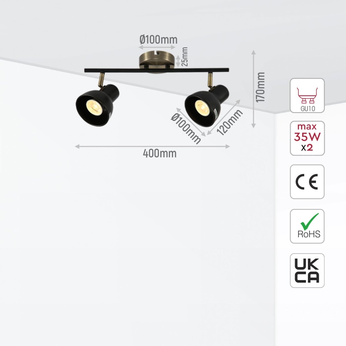 Size and specs of 2 Way Hektor Rod Spotlight with GU10 Fitting Antique Brass Black | TEKLED 172-03128